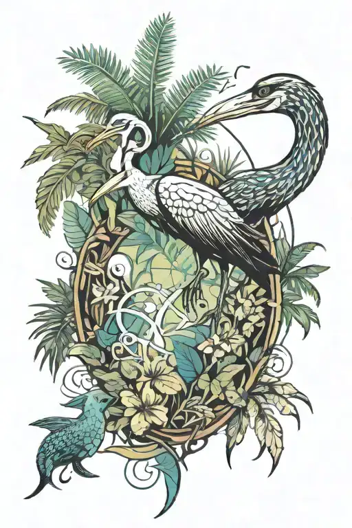 jungle on the background of a translucent ornament of a heron, a shark and a spider from the game Far Cry3, tattoo Far Cry 3, Retro style tattoo design idea