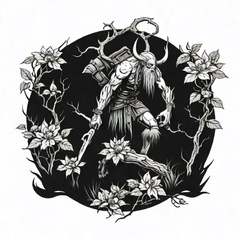 Tattoo of the Leshy monster from The Witcher 3 walking through a dark forest. Flowers and branches around the web tattoo design idea