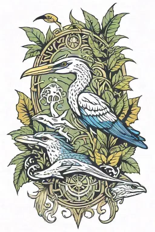 jungle against the background of an ornament of a wise heron, a strong shark and a waiting spider from the game Far Cry3, tatau Far Cry 3, Retro style tattoo design idea