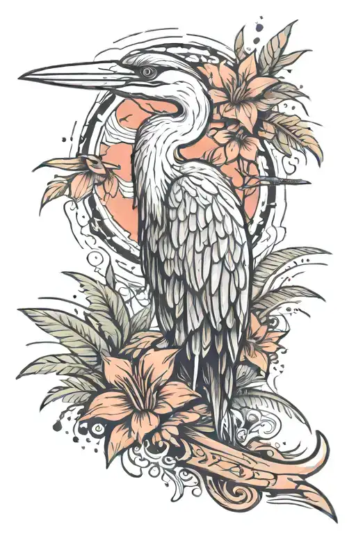 Tattoo of a wise heron on the background of a Far Cry 3 native knife, All outlines in the jungle tattoo design idea
