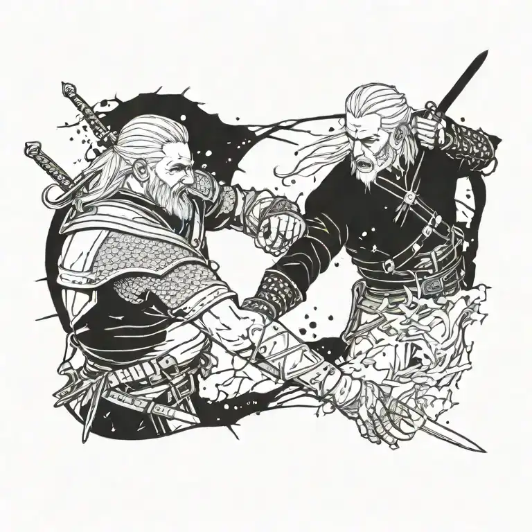 A tattoo of a fierce battle scene between Geralt from The Witcher and a vampire, with blood splattering everywhere tattoo design idea