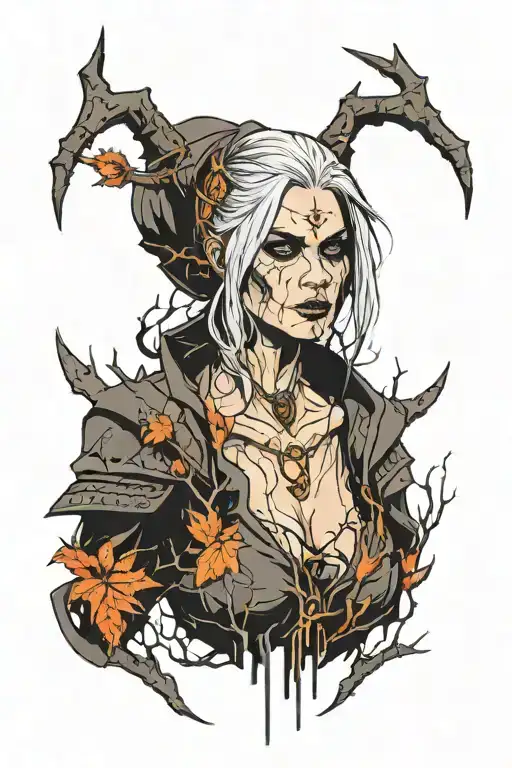 Bruxa from the game the witcher, In a dark gothic style among bare trees tattoo design idea