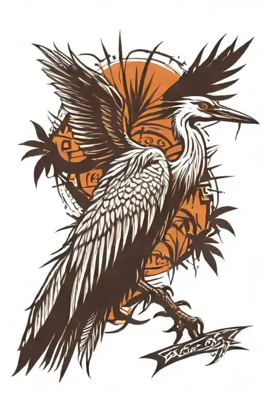 Tattoo of a wise heron on the background of a Far Cry 3 native knife, All outlines in the jungle tattoo design idea