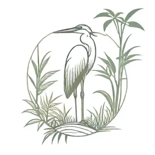 A stylized silhouette of a heron standing tall amidst a vibrant jungle backdrop tattoo design idea