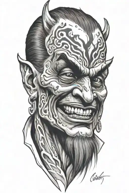 A sketch tattoo of Gunter O'Dimm as a demon with a sly smile tattoo design idea