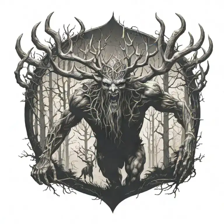 A tattoo of the monster Leshen from The Witcher 3 emerging from a dark forest tattoo design idea