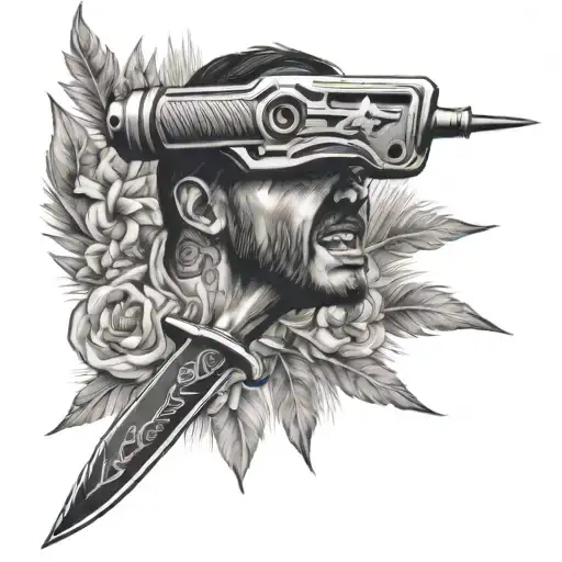 Create a tattoo design that combines elements of Far Cry 3 with a vintage knife and the theme of victory, using black an tattoo design idea
