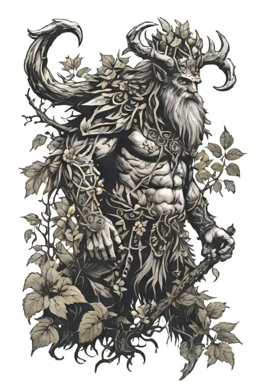 Tattoo of the Leshy monster from The Witcher 3 wearing a crown, walking through a dark forest with flowers and trees in the background tattoo design idea