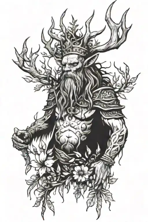 Tattoo of the Leshy monster in a crown from The Witcher 3, walking through a dark forest. Around the web are flowers and branches tattoo design idea