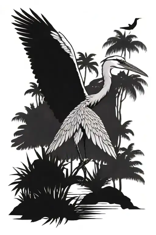 Craft a tattoo design showcasing a heron with an antique knife in a jungle landscape similar to Far Cry 3, with intricate blackwork details tattoo design idea
