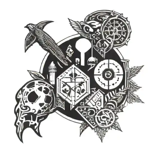 A tattoo combining elements of computer gaming and philosophy, with symbols of Plato and iconic game characters, in a blackwork style tattoo design idea