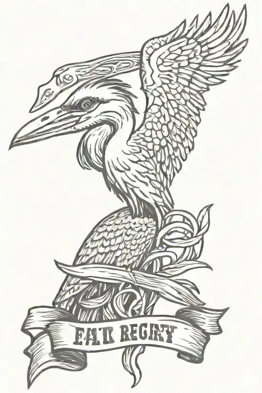 Tattoo of a wise heron on a background of a large Far Cry 3 knife, with a quote ribbon at the bottom  tattoo design idea