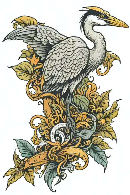 A long tattoo featuring a majestic heron perched on an antique knife, set against a jungle background tattoo design idea