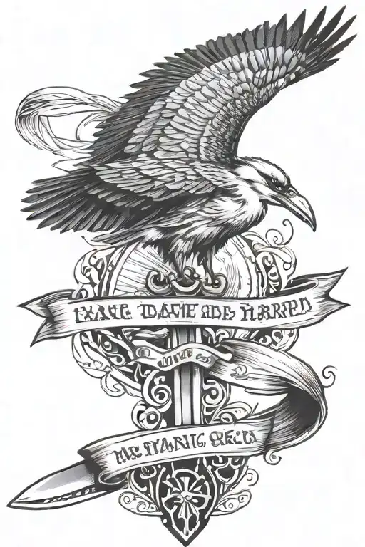 Tattoo of a wise heron on a background of a large Far Cry 3 knife, with a quote ribbon at the bottom  tattoo design idea