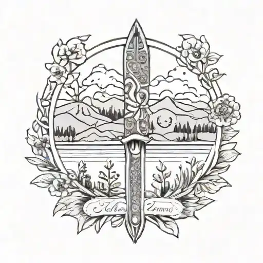 Intricate blackwork design of a vintage knife with a peaceful landscape background to represent your love for antique knives and tranquility tattoo design idea