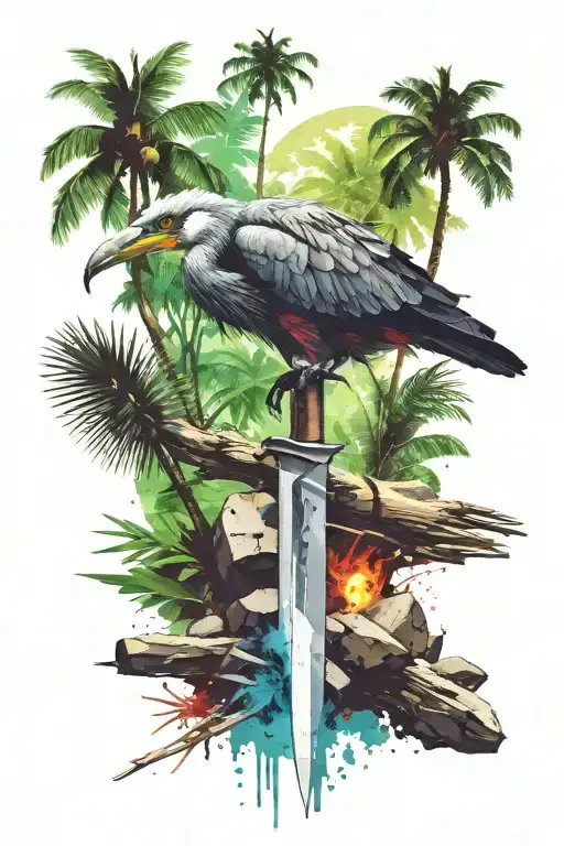 knife, jungle, stones from the game Far cry 3 against the background of a translucent heron from the game Far Cry 3 tattoo design idea