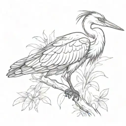 An intricate sketch of a heron gracefully perched on a branch in the jungle tattoo design idea