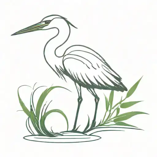A unique design featuring a heron in a dynamic pose surrounded by lush greenery tattoo design idea