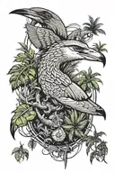jungle on the background of the ornament of a wise heron, a strong shark and a waiting spider from the game Far Cry 3, Far Cry 3 tattoo, Retro style tattoo design idea