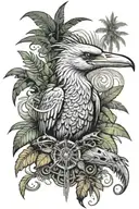 jungle on the background of the ornament of a wise heron, a strong shark and a waiting spider from the game Far Cry 3, Far Cry 3 tattoo, Retro style tattoo design idea