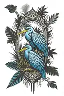 jungle on the background of the ornament of a wise heron from the game Far Cry3, tattoo Far Cry 3, Retro style tattoo design idea