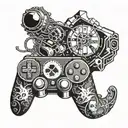 A tattoo combining elements of computer gaming and philosophy, with symbols of Plato and iconic game characters, in a blackwork style tattoo design idea