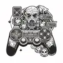 A tattoo combining elements of computer gaming and philosophy, with symbols of Plato and iconic game characters, in a blackwork style tattoo design idea