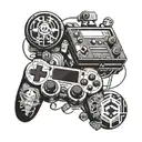 A tattoo combining elements of computer gaming and philosophy, with symbols of Plato and iconic game characters, in a blackwork style tattoo design idea