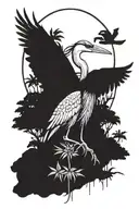 Craft a tattoo design showcasing a heron with an antique knife in a jungle landscape similar to Far Cry 3, with intricate blackwork details tattoo design idea