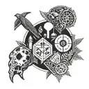 A tattoo combining elements of computer gaming and philosophy, with symbols of Plato and iconic game characters, in a blackwork style tattoo design idea