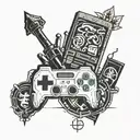 A tattoo combining elements of computer gaming and philosophy, with symbols of Plato and iconic game characters, in a blackwork style tattoo design idea