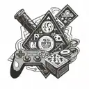 A tattoo combining elements of computer gaming and philosophy, with symbols of Plato and iconic game characters, in a blackwork style tattoo design idea