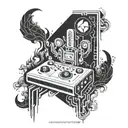 A tattoo combining elements of computer gaming and philosophy, with symbols of Plato and iconic game characters, in a blackwork style tattoo design idea