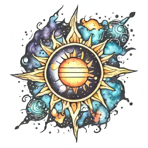 Galactic sun with watercolor splashes tattoo design idea