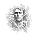 A smoking king surrounded by intricate vines and roses tattoo design idea