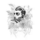 A smoking king surrounded by intricate vines and roses tattoo design idea