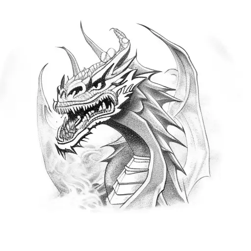 A fierce dragon breathing fire in a medieval fantasy setting tattoo design idea