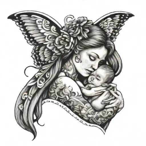 passed young grandmother holding new born baby boy tattoo design idea