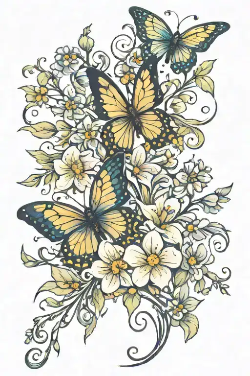 skinny vine with tiny butterflys and tiny pretty flowers tattoo design idea