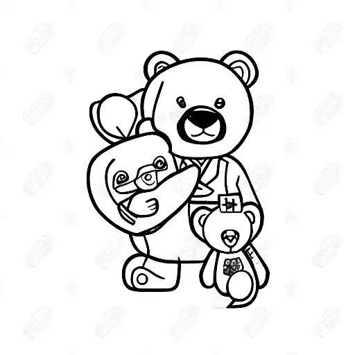 A minimalist design of a nurse holding hands with a cute teddy bear, with the initials CVMR incorporated tattoo design idea