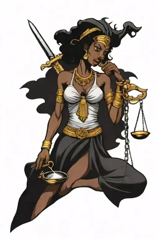 African lady justice holding scales and sword tattoo design idea