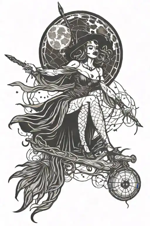 witchy woman with spiderweb fishnets on a broom with a big moon behind her  tattoo design idea
