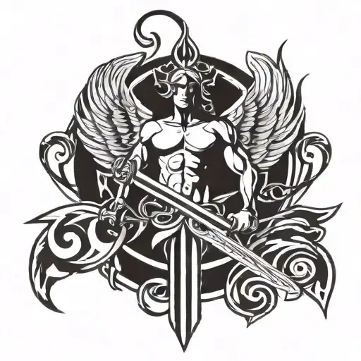 Alpha et omega symbol angel holding a sword tattoo design idea