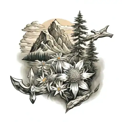 mountain scene with one Edelweiss flower and hammer tattoo design idea