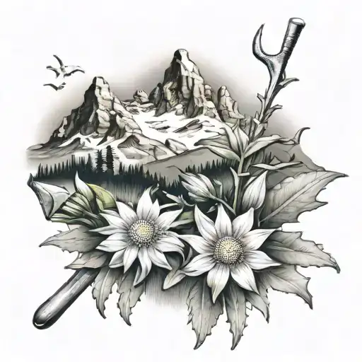 mountain scene with one Edelweiss flowerand Carpenter tools tattoo design idea