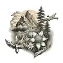 mountain scene with one Edelweiss flower and hammer tattoo design idea