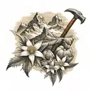 mountain scene with one Edelweiss flower and hammer tattoo design idea