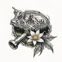 mountain scene with one Edelweiss flower and hammer tattoo design idea