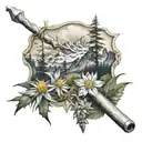 mountain scene with one Edelweiss flower and hammer tattoo design idea