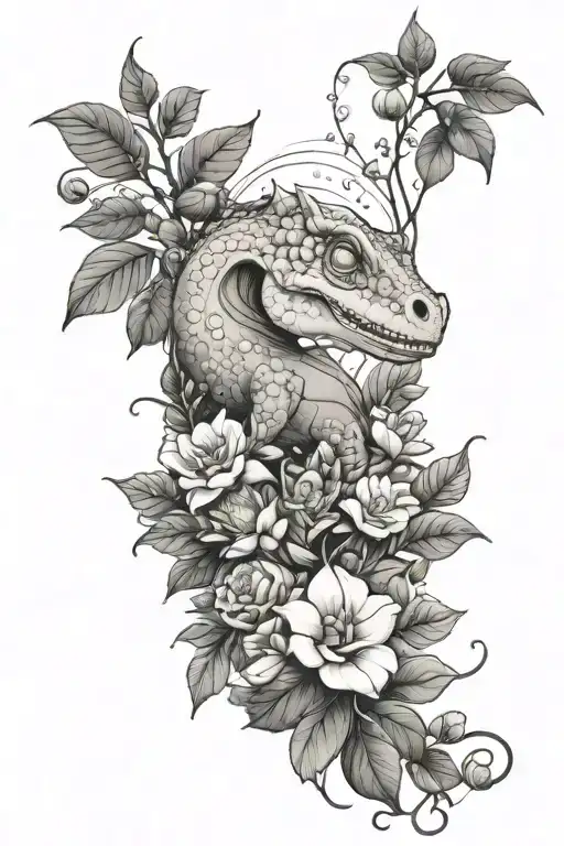 full tattoo sleeve. flowers,nature,string of pearls, nature, and a cute, little baby dinosaur hidden in some bushes. tattoo design idea